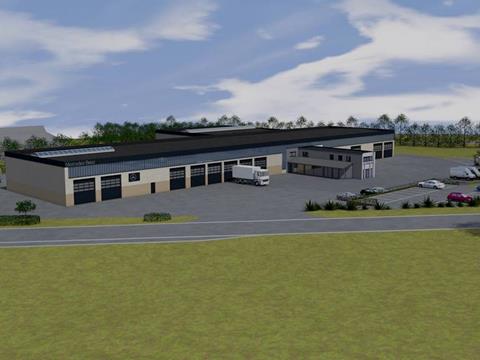 Vue générale des ateliers, bâtiment existant et nouveau hall